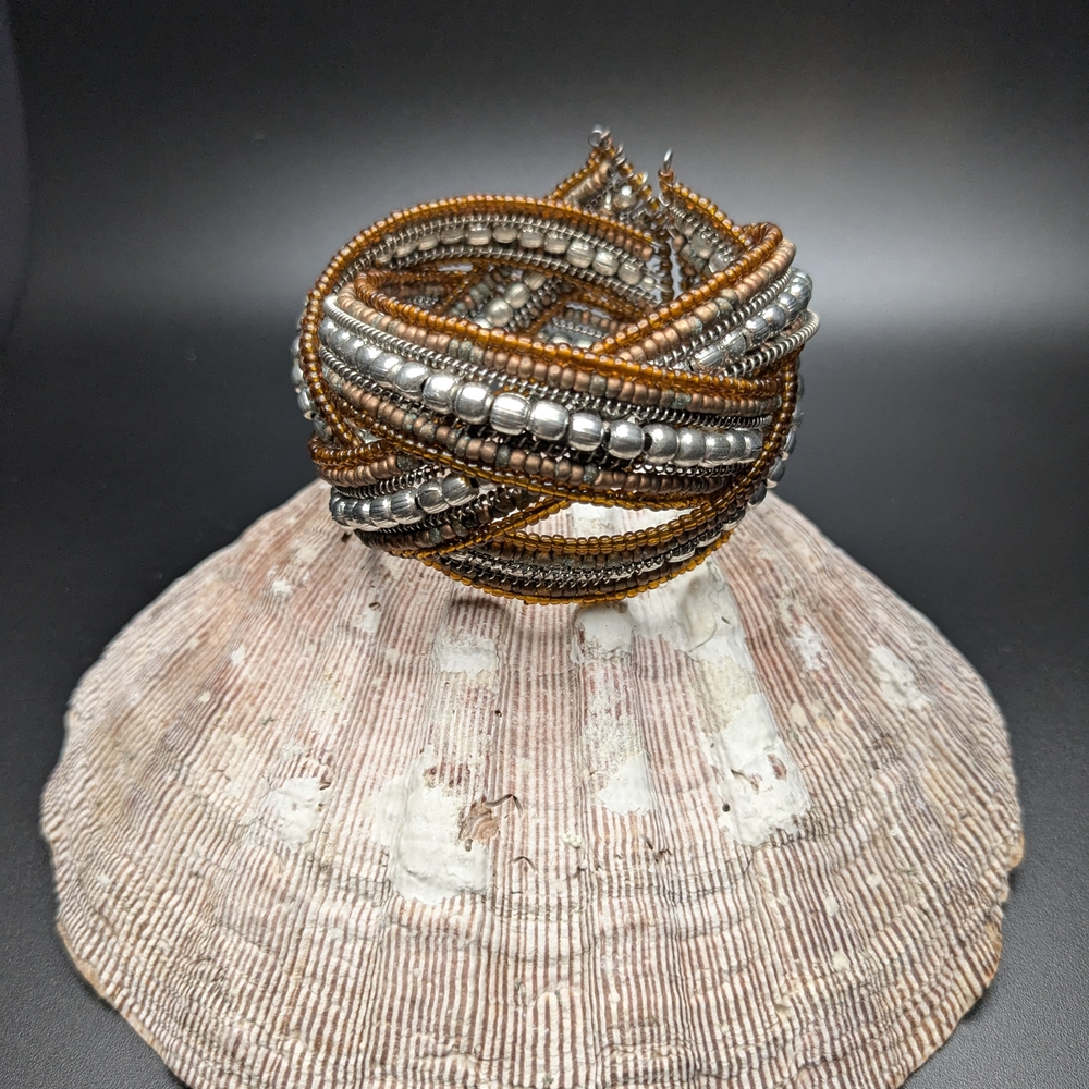 Brown and Silver Beaded Cuff  Bracelet